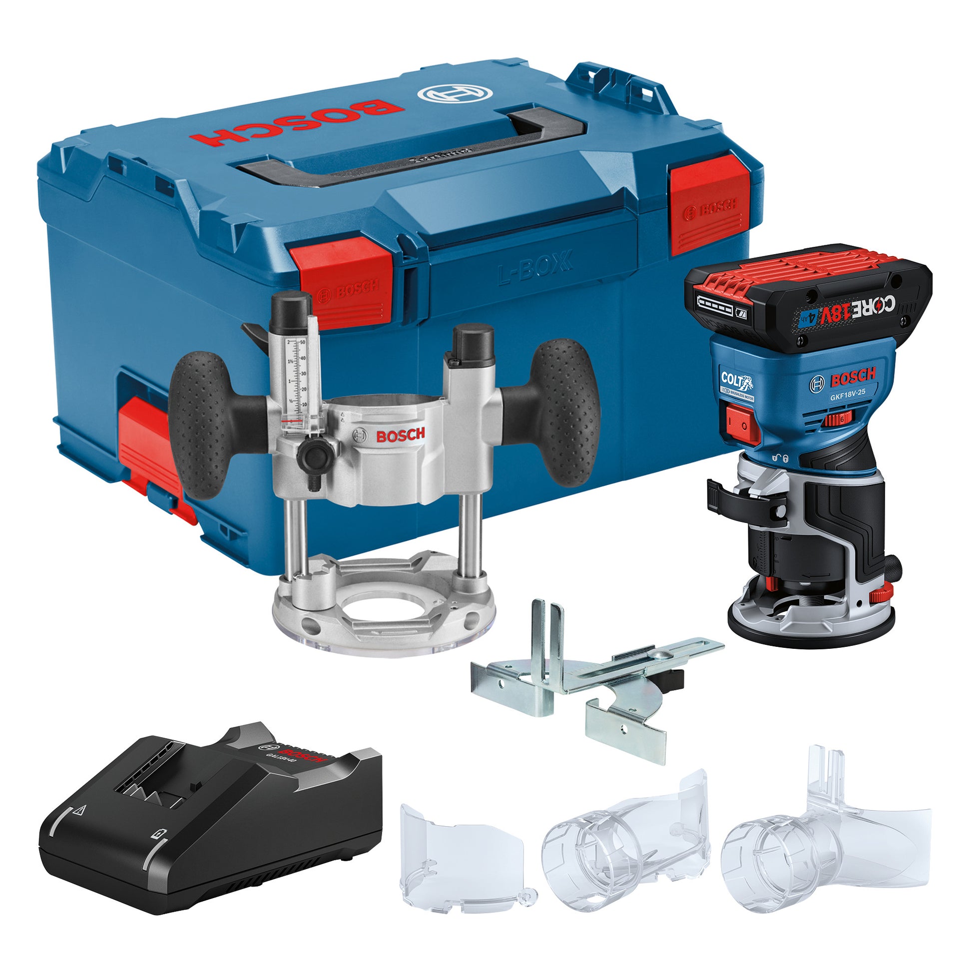 Bosch 18V Brushless Colt Palm Router Kit w/ (1) CORE18V 4 Ah Advanced Power Battery and Plunge Base GKF18V-25PL14