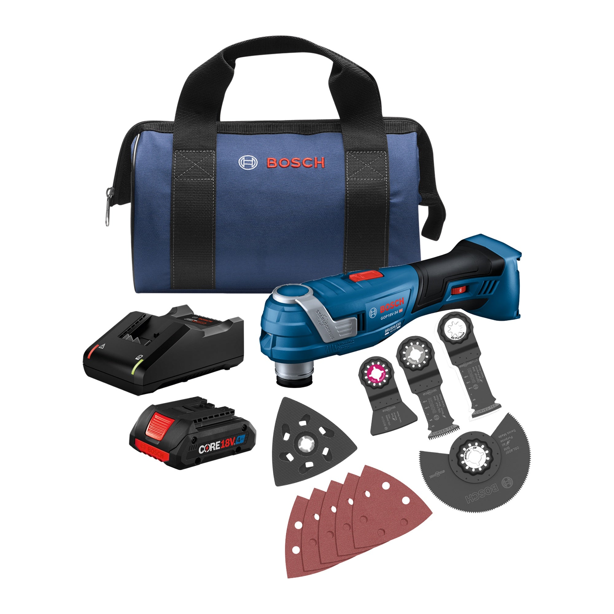 Bosch 18V Brushless Starlock Oscillating Kit with CORE18V 40 Ah Advanced Battery GAL18V-40 3 Blades Sanding Pads GOP18V-34B14