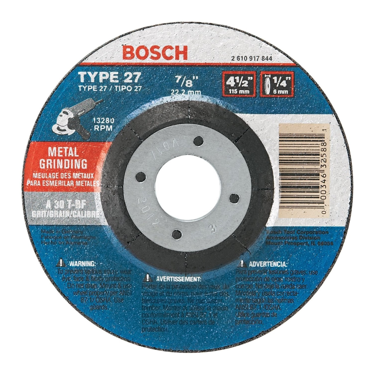 Bosch 4-1/2" 1/4" 7/8" Type 27 30G Grinding Abr. Wheel GW27M450