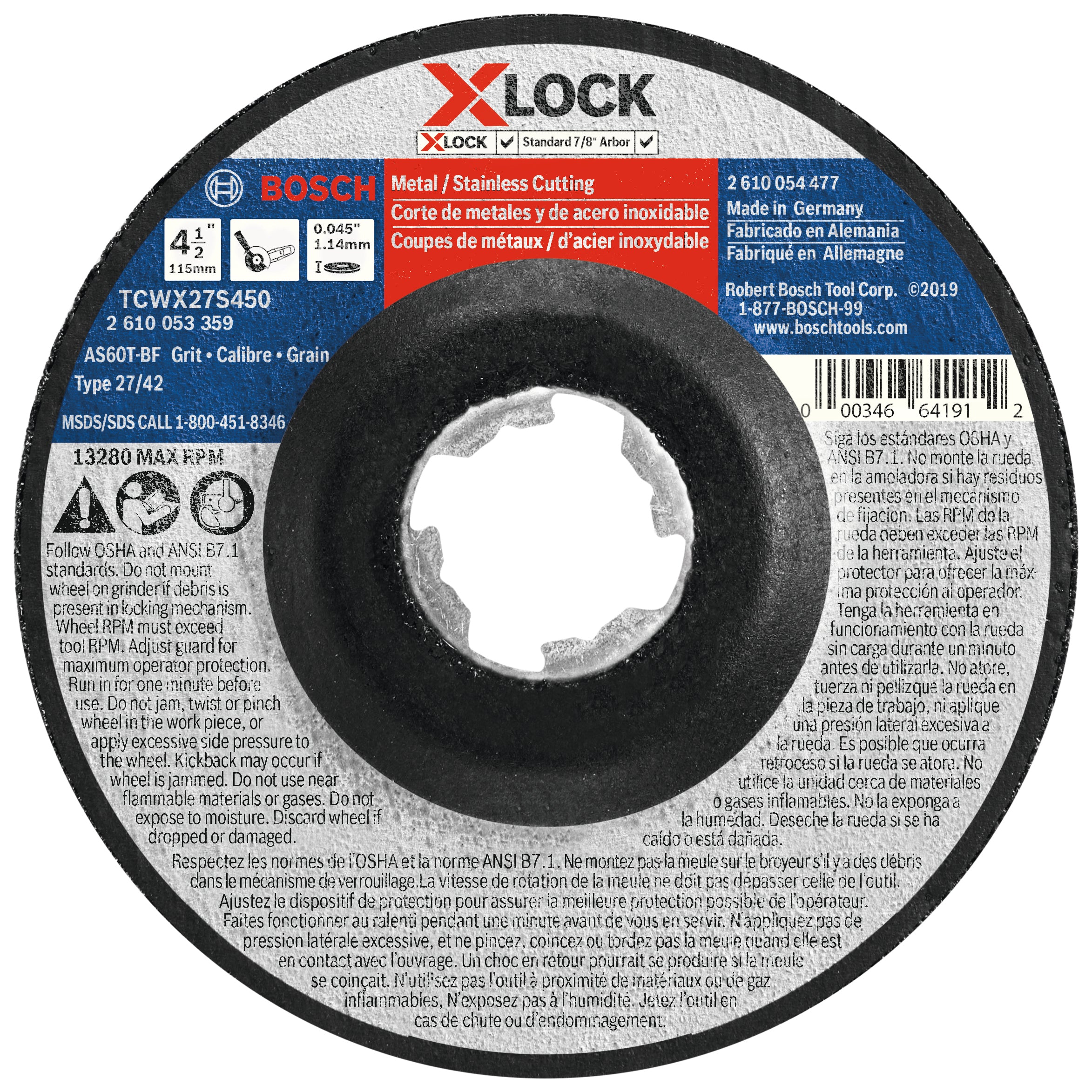 Bosch 4-1/2 x 0.045" 60G Metal/Stainless Cut/Abr. Wheel TCWX27S450