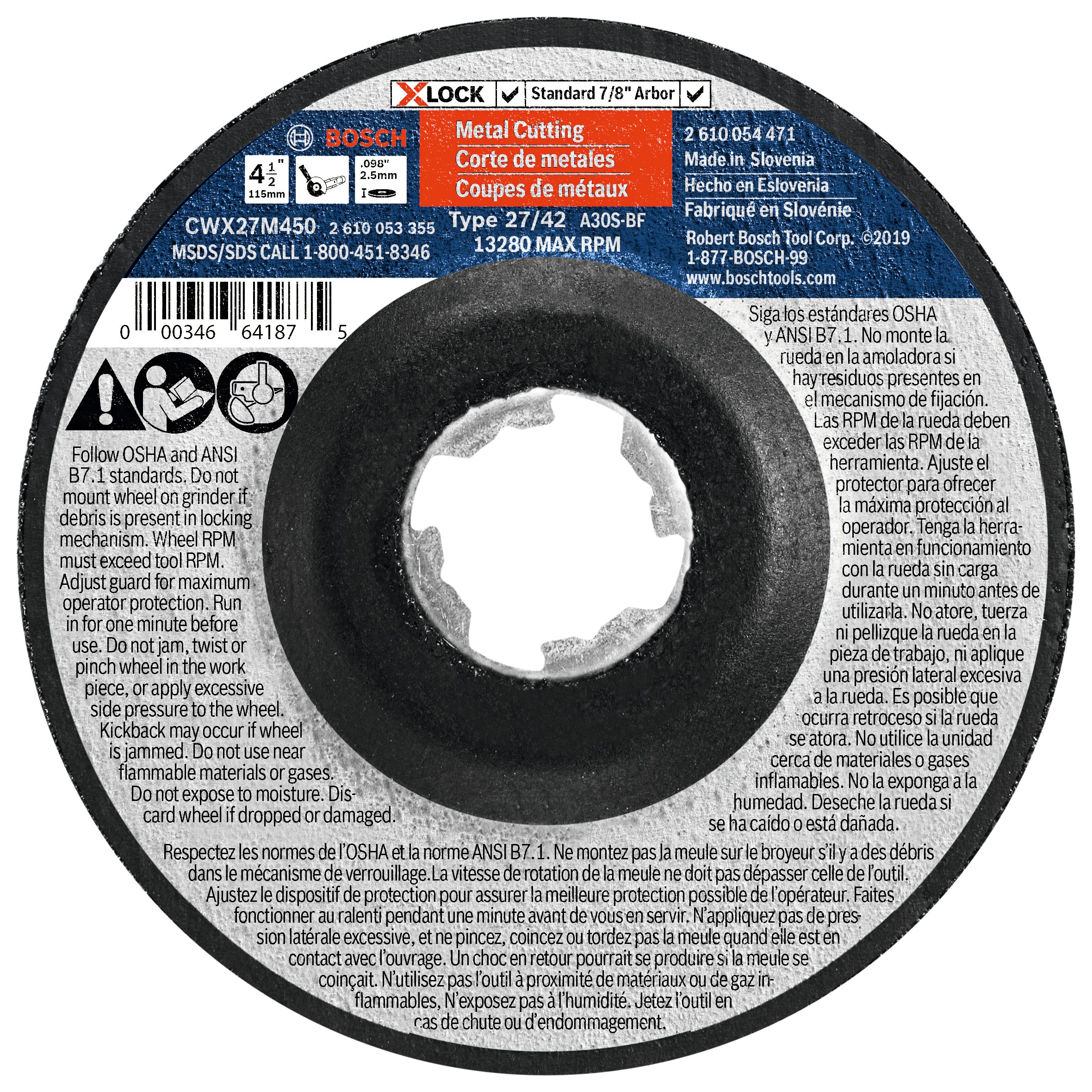 Bosch 4-1/2 x .098" 30G Metal Cutting & Grinding Abr. Wheel CWX27M450