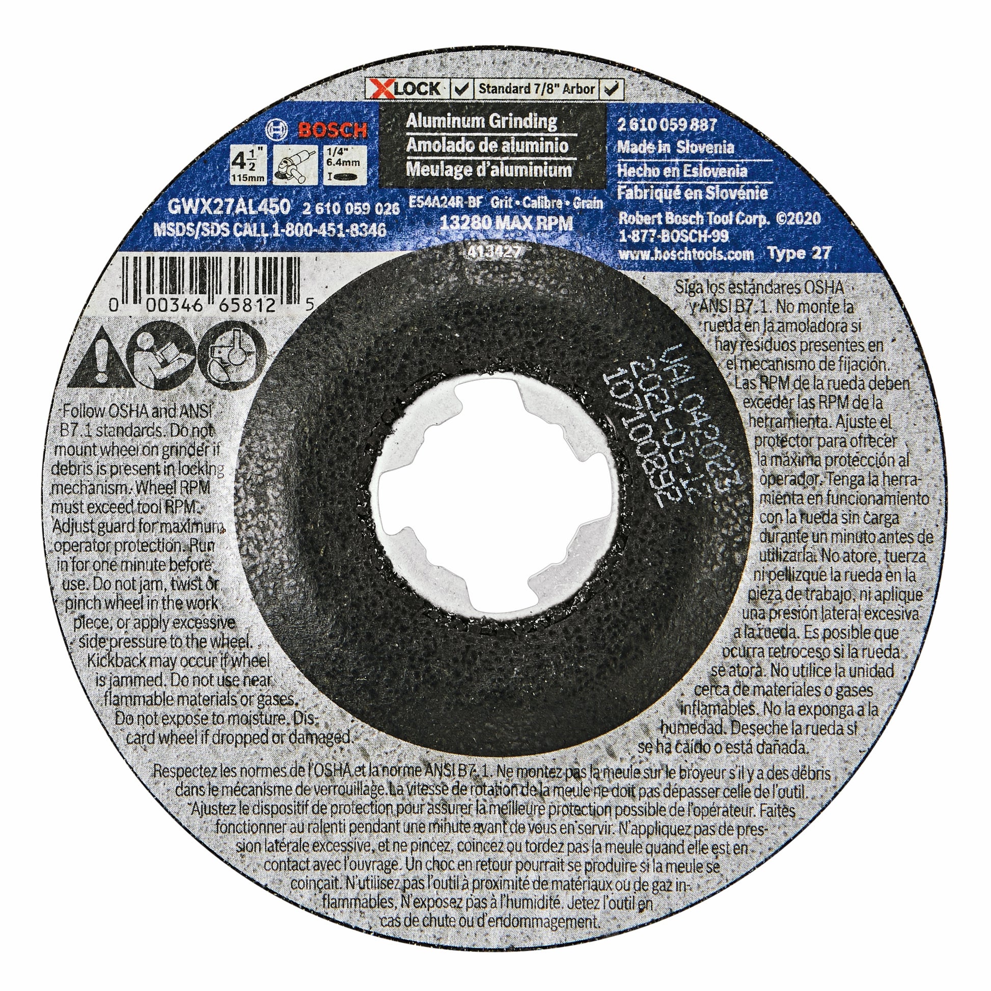 Bosch 4-1/2 x 1/4" Type 27 24G Metal Grinding Abr. Wheel GWX27AL450