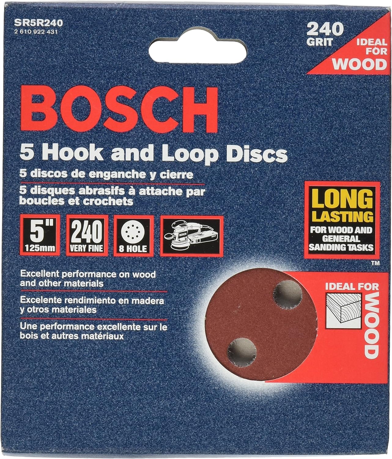 Bosch 5 pc 240G 5" 8 Hole Hook-And-Loop Sanding Discs SR5R240