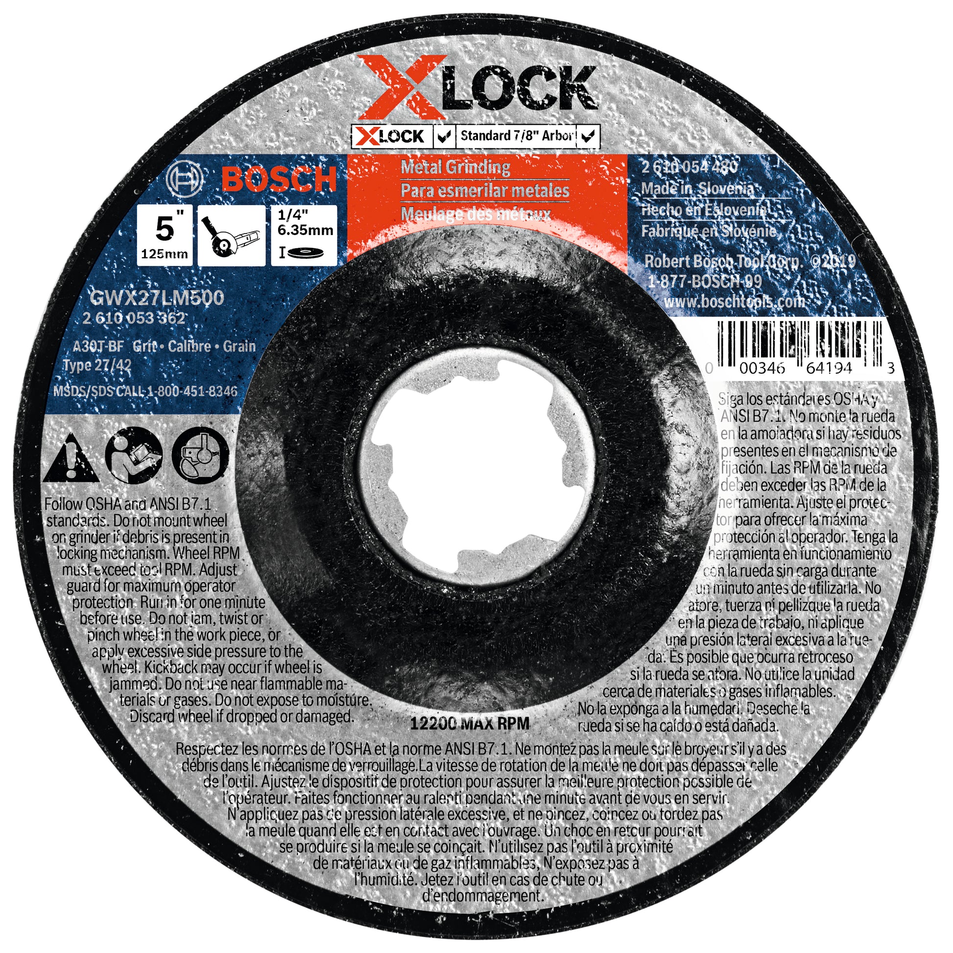 Bosch 5 x 1/4" X-Lock Type 27 30G Metal Grinding Abr. Wheel GWX27LM500
