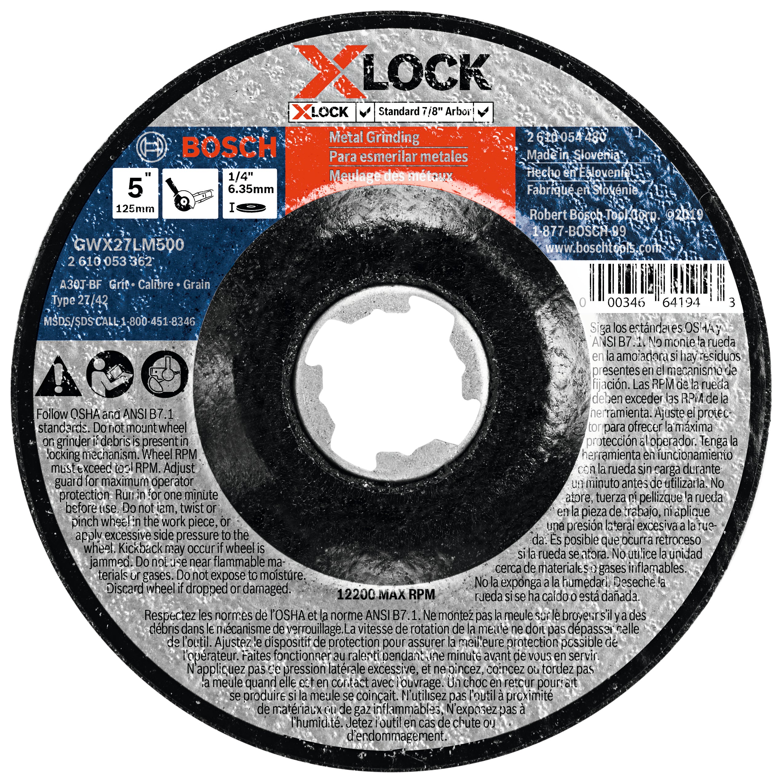Bosch 5 x 1/4" X-Lock Type 27 30G Metal Grinding Abr. Wheel GWX27LM500