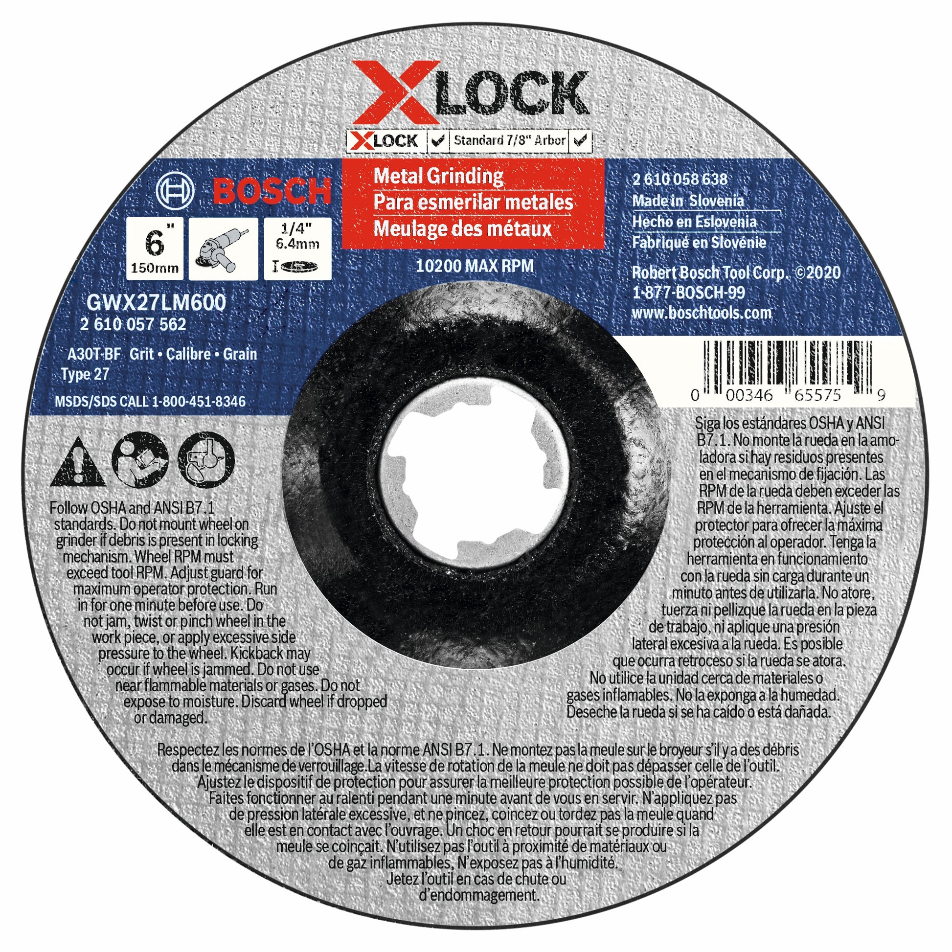 Bosch 6 x 1/4" X-Lock Type 27 30G Metal Grinding Abr. Wheel GWX27LM600