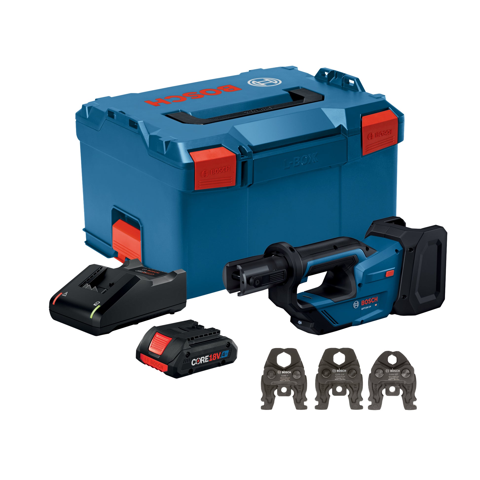 Bosch Press Tool Kit w/ 1/2", 3/4", and 1" Jaws, (1) CORE18V 4 Ah Battery & (1) 18V Standard Charger GPT18V-24L14