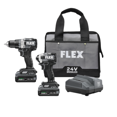 Flex Tools 24V Cordless 2-Tool Combo Kit with Hammer Drill, Impact Driver, (2) 2.0Ah Stacked Lithium Batteries FXM202-2K