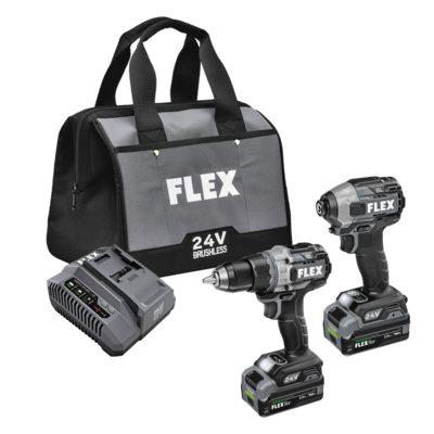Flex Tools 24V Cordless 2-Tool Combo Kit with Hammer Drill, Impact Driver, (2) 2.0Ah Stacked Lithium Batteries FXM202-2K