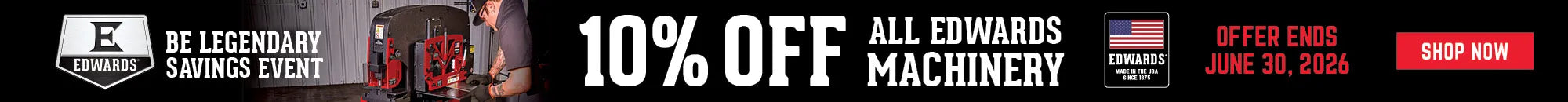 Promotional banner for 10% off Edwards Ironworkers and Machinery, featuring industrial metalworking equipment and shop presses.
