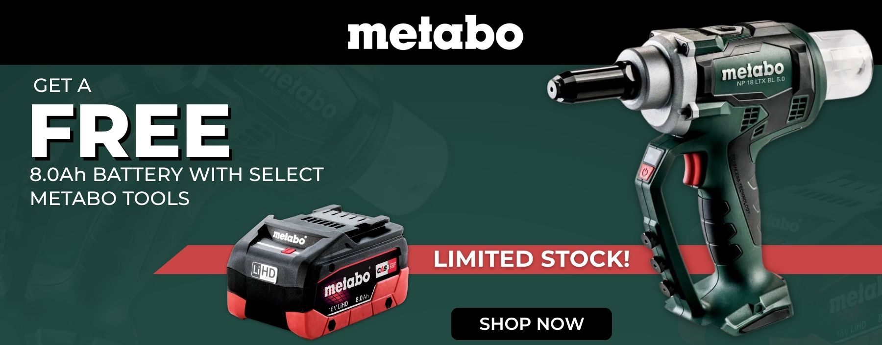 Get a Free Metabo 8.0Ah LiHD Battery with Purchase of Select Metabo Power Tools