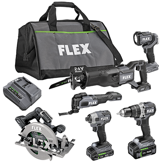 Flex Tools Hammer Drill, Impact Driver, 7-1/4" Circular Saw, Oscillating Multi-Tool, Reciprocating Saw and Work Light Combo Kit FXM601-2B