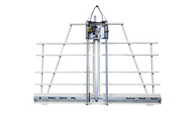 Wide view of a H4-50 vertical panel saw mounted on a white frame with a base marked Vertical Panel Saws