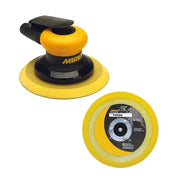 Mirka MR-6-G 6 in pneumatic finishing sander with yellow body and PSA backing pad