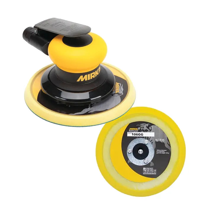 Mirka 6 inch pneumatic finishing sander with yellow grip and PSA pad shown with a spare backing disc