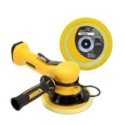 Mirka 6 inch two handed pneumatic finishing sander with yellow body and 10 mm orbit shown with backing pad