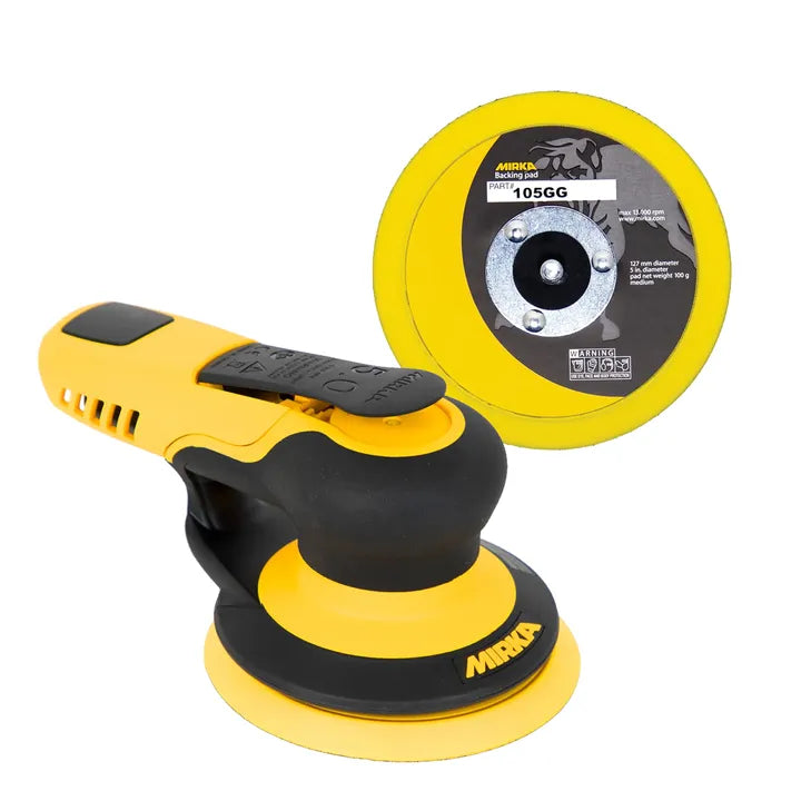 Mirka PROS 550NV 5 in pneumatic random orbital sander with yellow body and PSA pad attached