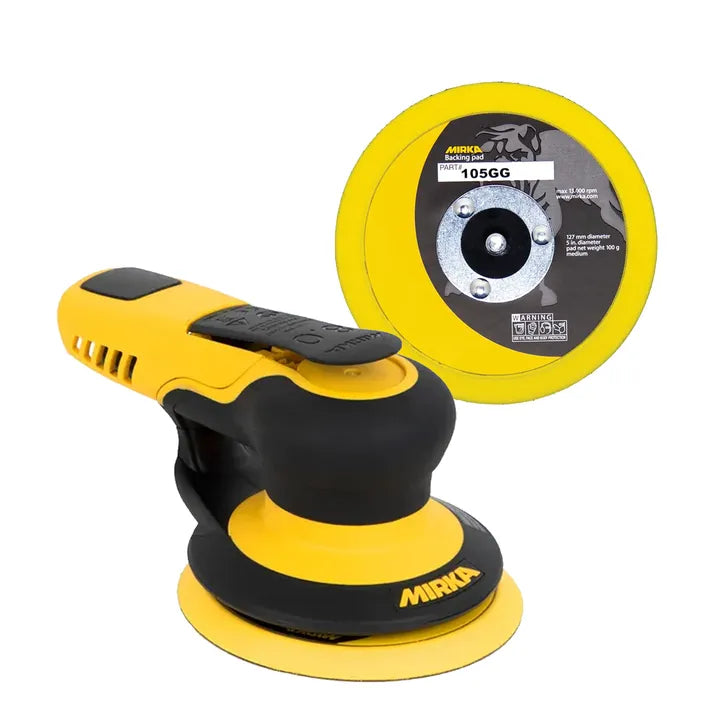 Mirka PROS 580NV 5 in pneumatic random orbital sander with yellow body and PSA pad attached
