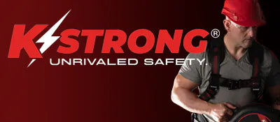K'STRONG safety equipment brand logo with a person wearing a hard hat and safety gear on a red background.
