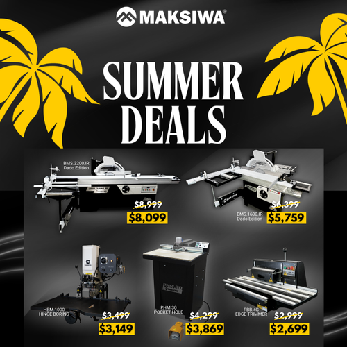 Maksiwa Summer Deals advertisement with various tools and pricing on a dark background with palm leaves.