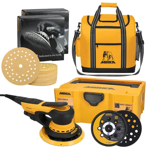 Mirka DEROS II 625X 6" Electric Random Orbital Sander Bundle with 5" Backup Pad, Gold Multifit Abrasives and Cooler Bag MUS-CTDEGC