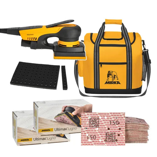 Mirka DEOS II 343X 3" x 4" Electric Orbital Sander Bundle with Ultimax Ligno Abrasives, Interface Pad and Cooler Bag MUS-CTDELC