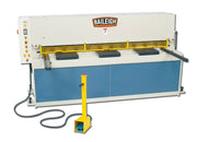 Baileigh SH-8010-HD 80 inch hydraulic sheet metal shear front view with white body blue doors and yellow safety guard.