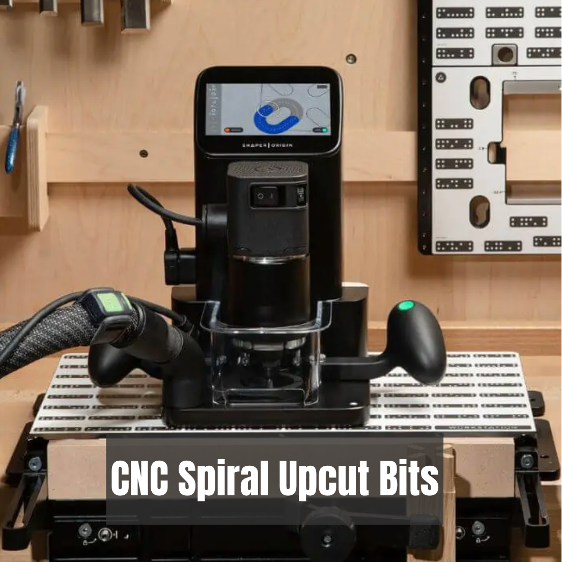 CNC machine with spiral upcut bit on a wooden workbench