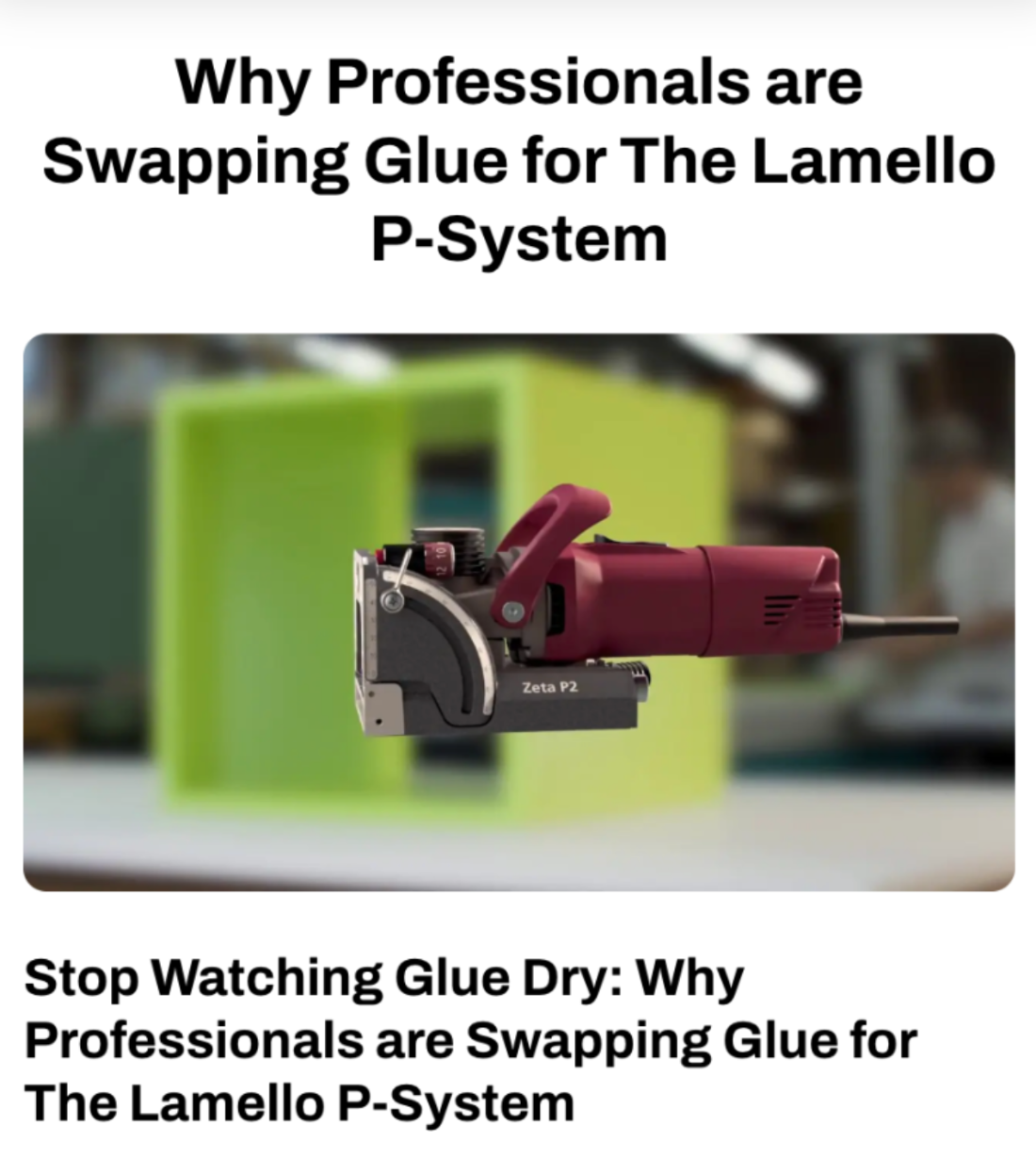 Red tool with text about the Lamello P-System replacing glue.