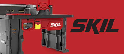 SKIL table saw on a red background