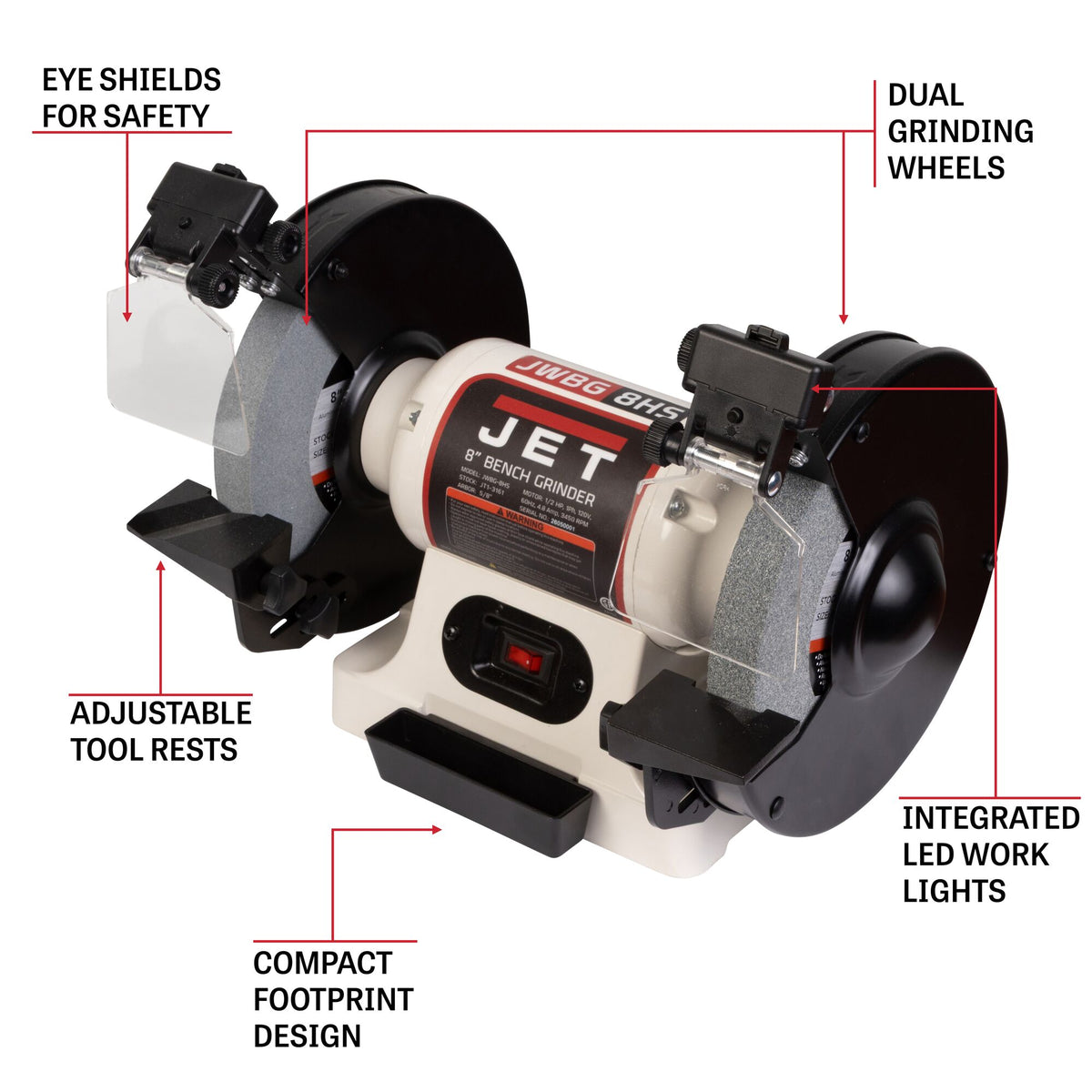 Jet JWBG-8HS 8 in. Benchtop Grinder with LED Lights, 1/2 HP, 120V 1-Phase JT1-3161