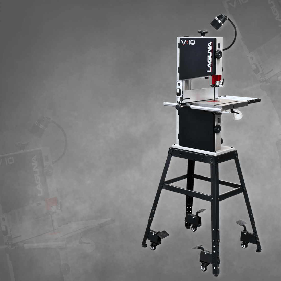 Laguna table saw on a stand with a gray background
