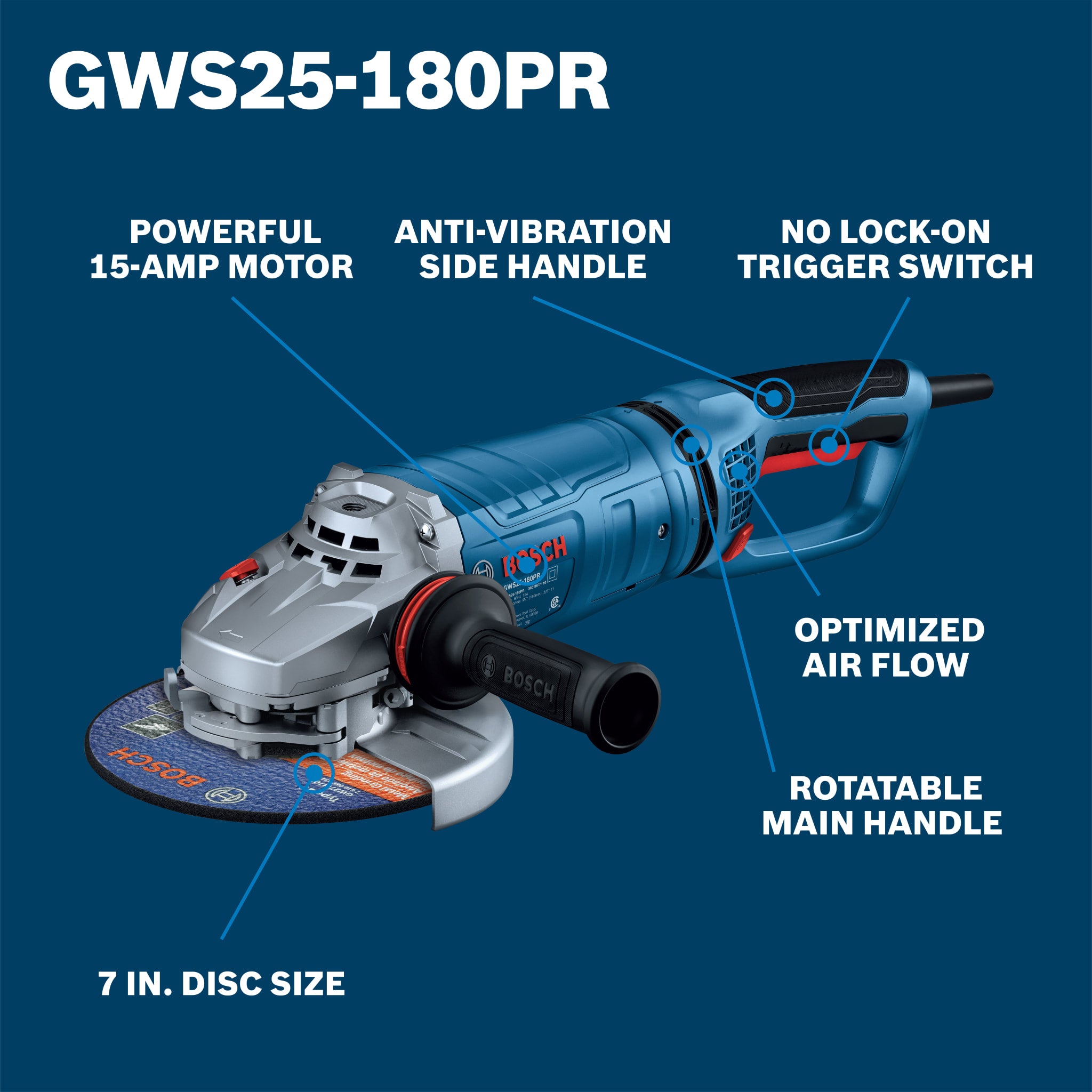 Bosch 7" Large Angle Grinder - 15 Amp with No-Lock On Trigger Switch and Rotatable Main Handle GWS25-180PR