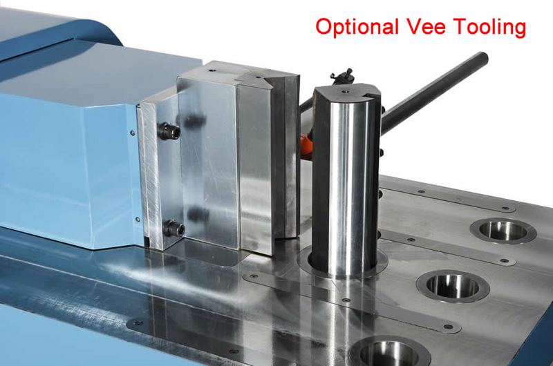 Close up of press brake tooling showing a vertical Vee die and support posts for optional Vee tooling