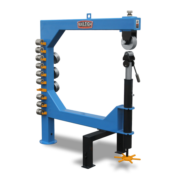 Baileigh EW-45 45 inch professional English wheel with a heavy welded blue frame and adjustable supports