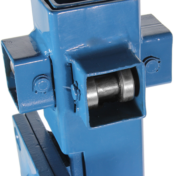 Close-up of blue Baileigh LB-8 manual open-ended letter brake jaw and roller.