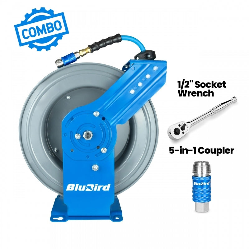 Blubird 1/2" X 50' Air Hose Dual Arm 18 Gauge Retractable Reel 180 Degree Swivel Bracket w/ 3' Jumper Hose 3/8" Male-NPT and Universal 5 in 1 Coupler BBRDA1250-AIO