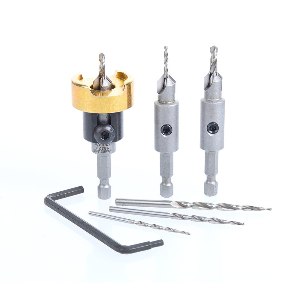 Amana Tool 6-Pc Carbide Tipped Countersink with Adjustable Depth Stop and No-Thrust, No-Mar Ball Bearing Set with Quick Release Shank AMS-628-T