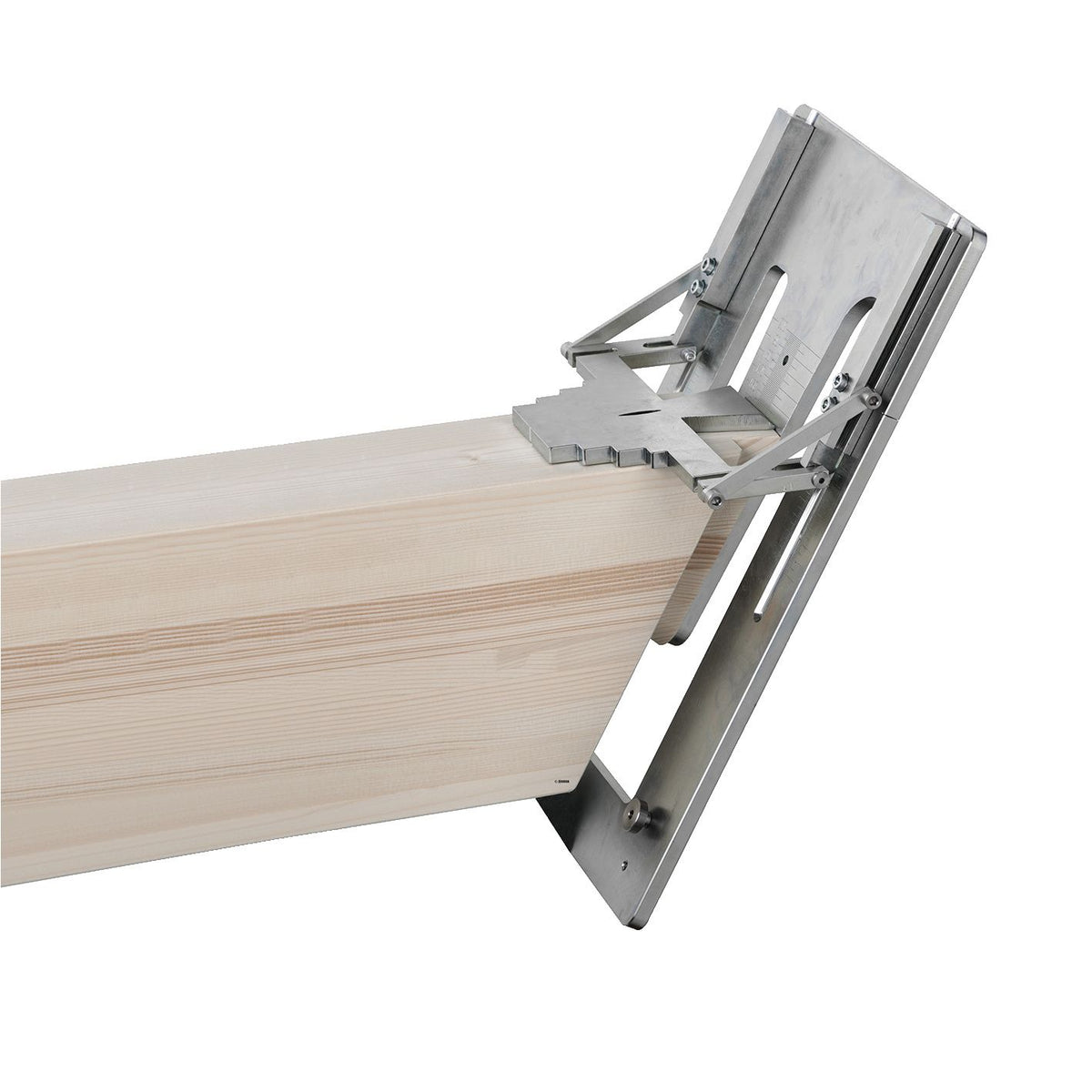 Mafell Arunda dovetail milling jig attached to a wooden piece with clamp and orange handle