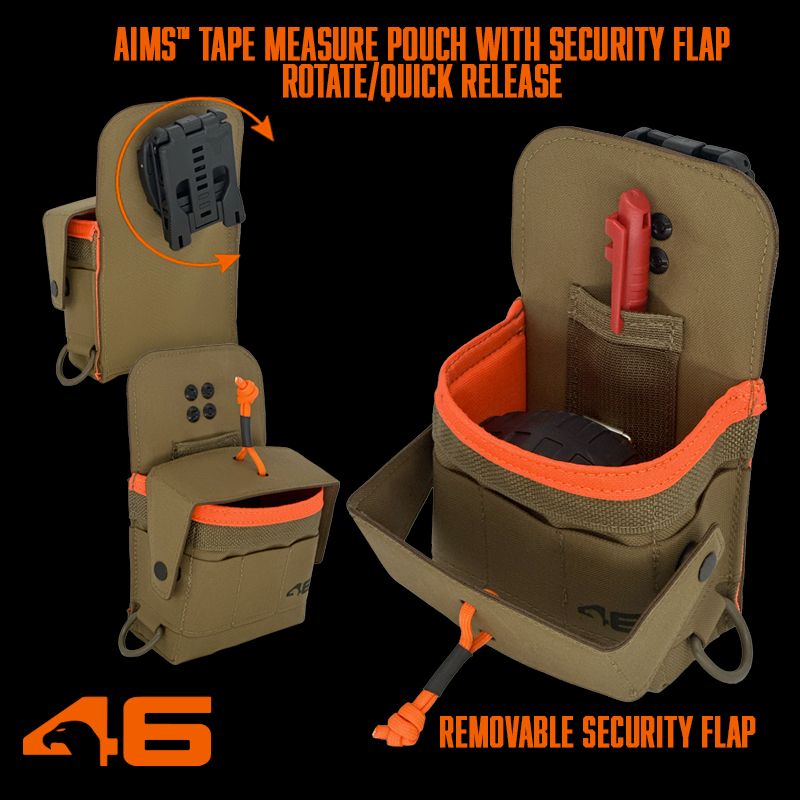 Atlas46 Tape Measure Pouch with Security Flap, Rotating Quick Release, Coyote/Orange A46-10-00009-9178-00