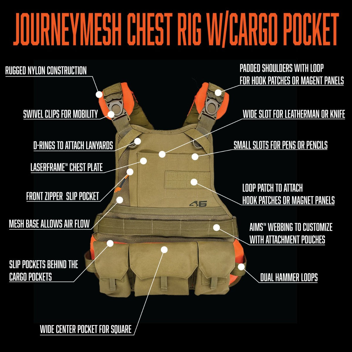 Atlas46 JourneyMesh Chest Rig with Cargo Pockets, Coyote/Orange A46-12-00017-1178-00