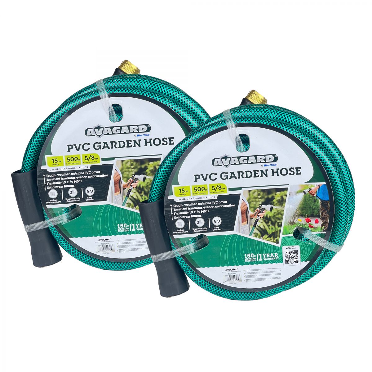 Blubird Avagard 5/8" X 15' PVC Water Hose Assembly 3/4" Male and Female GHT Fittings, 2-Pack AVGPV5815-2PK