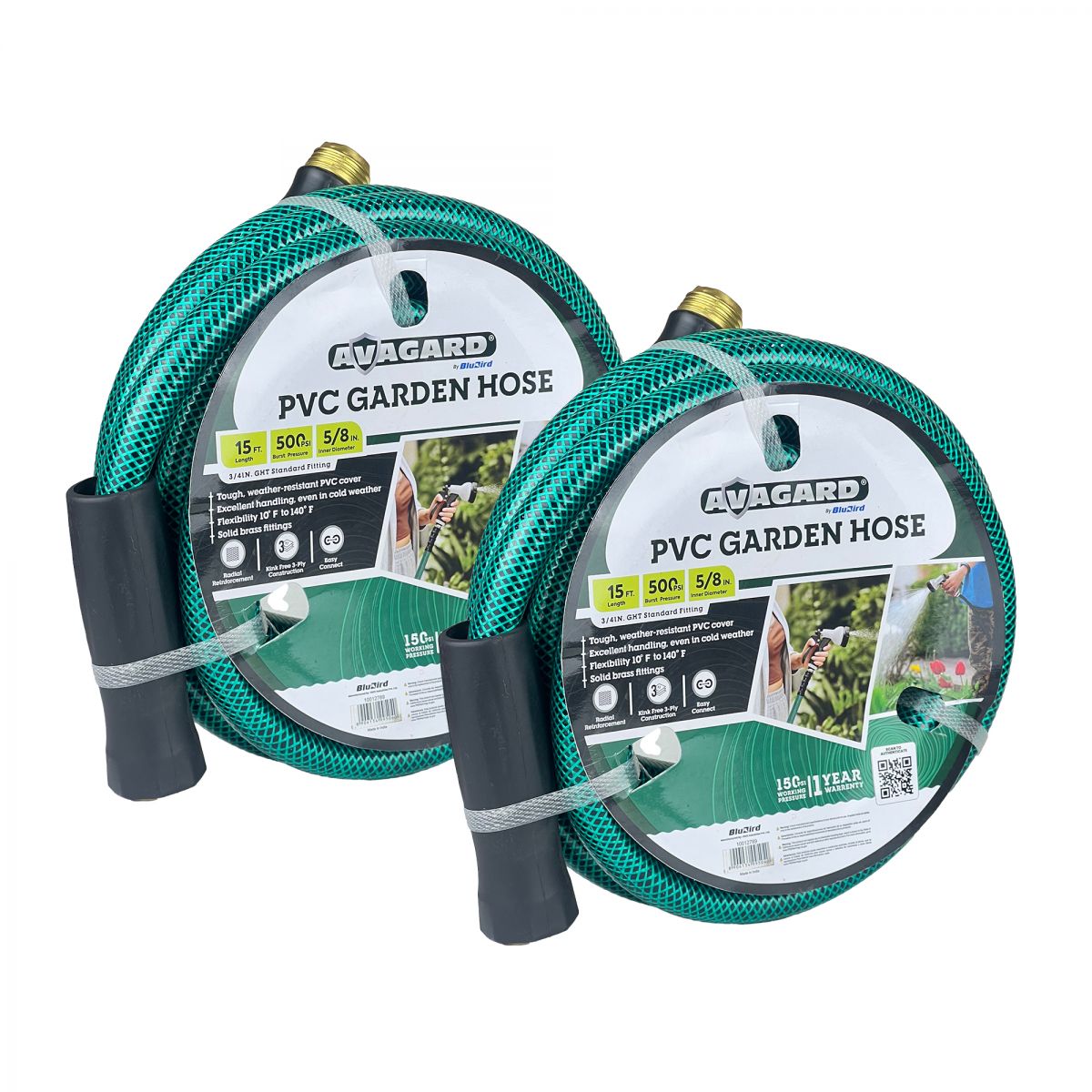 Blubird Avagard 5/8" X 15' PVC Water Hose Assembly 3/4" Male and Female GHT Fittings, 2-Pack AVGPV5815-2PK