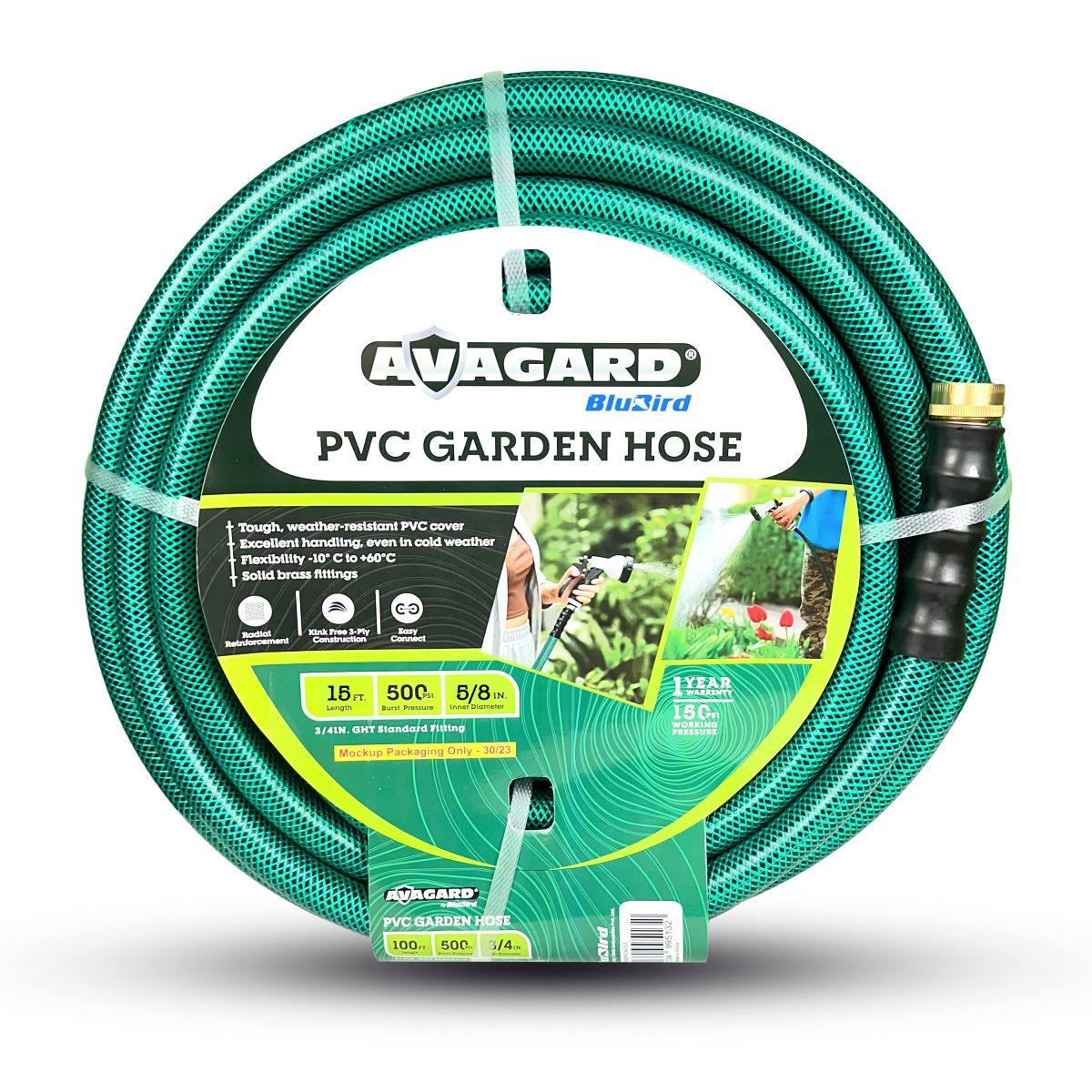Blubird Avagard 5/8" X 15' PVC Water Hose Assembly 3/4" Male and Female GHT Fittings AVGPV5815