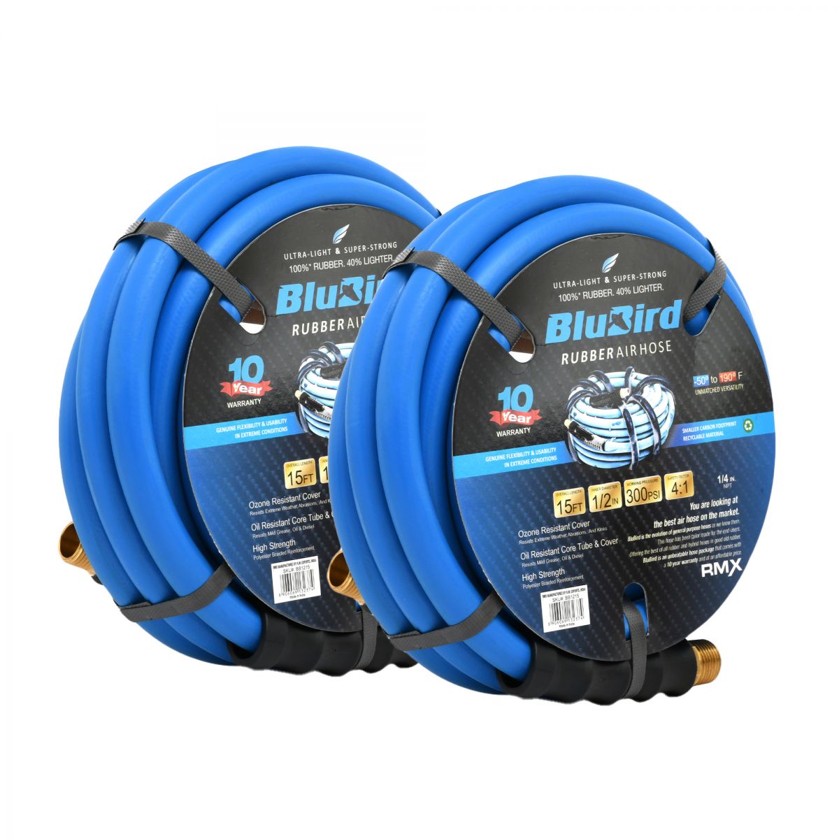 Blubird 1/2" X 15' Rubber Air Hose Assembly 1/2" Male-NPT, 2-Pack BB1215-2PK