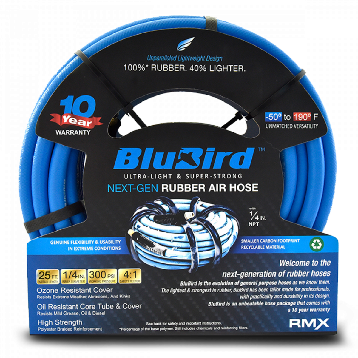 1/4" X 25' Rubber Air Hose Assembly 1/4" Male-NPT