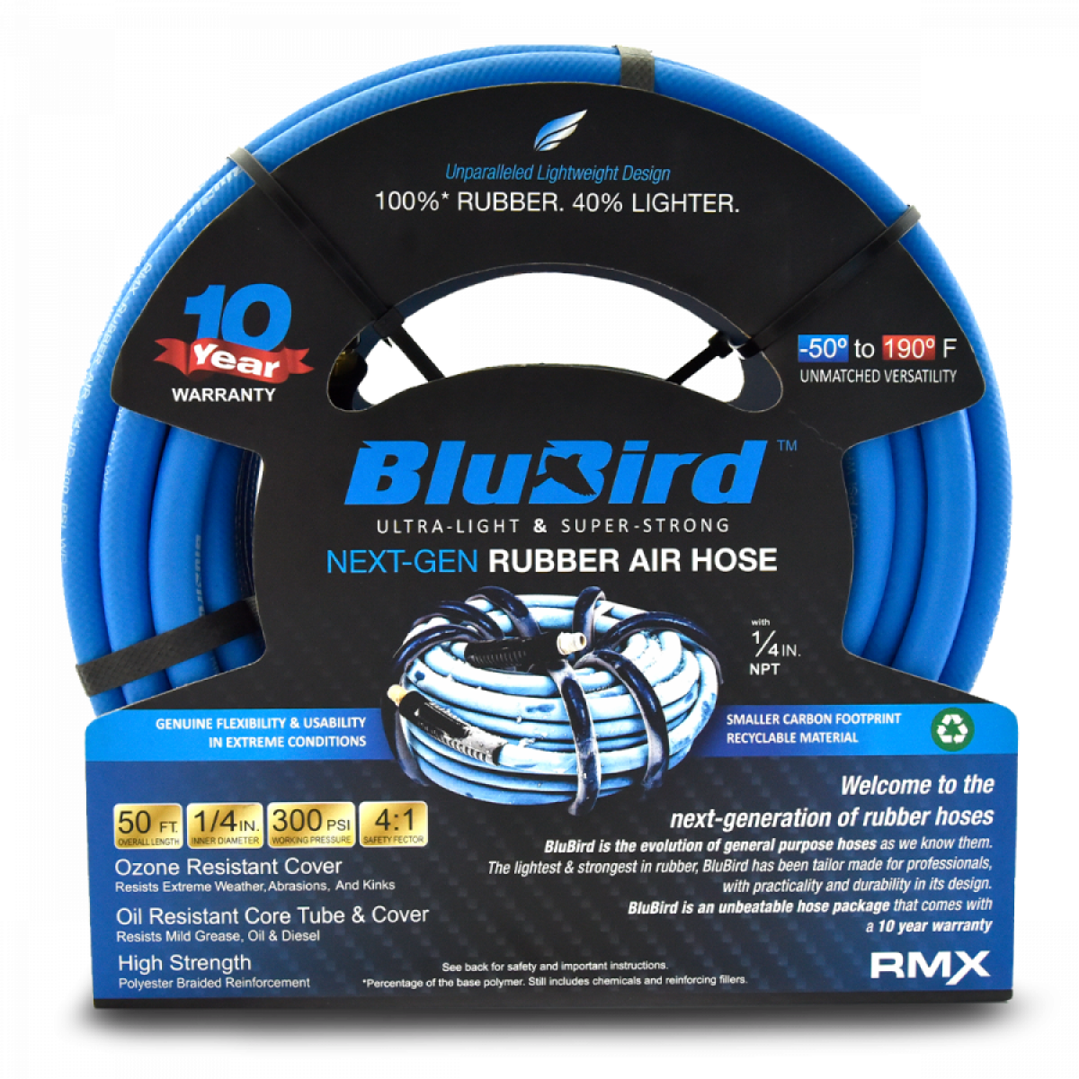 Blubird 1/4" X 50' Rubber Air Hose Assembly 1/4" Male-NPT BB1450