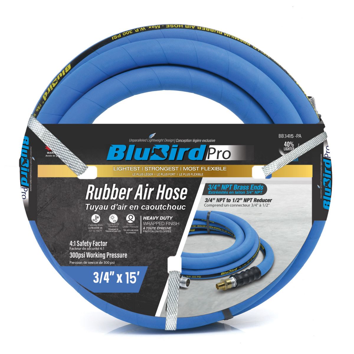 3/4" X 15' Pro Rubber Air Hose Assembly 3/4" Male-NPT