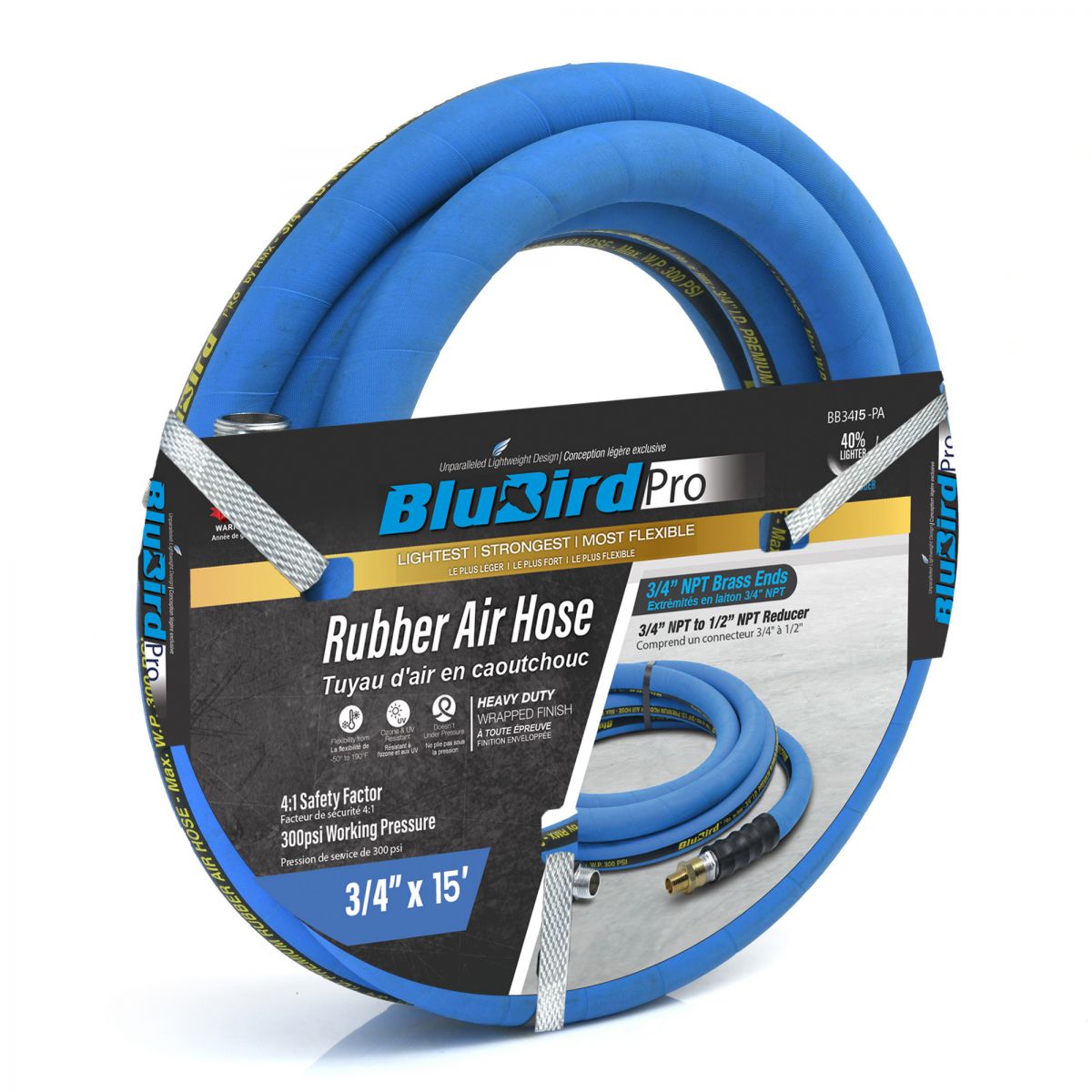 Blubird 3/4" X 15' Pro Rubber Air Hose Assembly 3/4" Male-NPT BBPRO3415