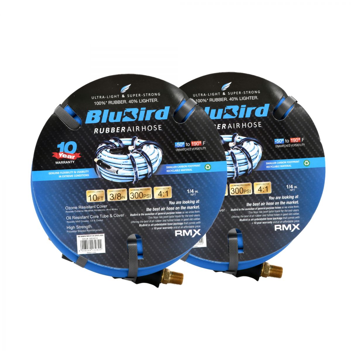 3/8" X 10' Rubber Air Hose Assembly 3/8" Male-NPT, 2-Pack
